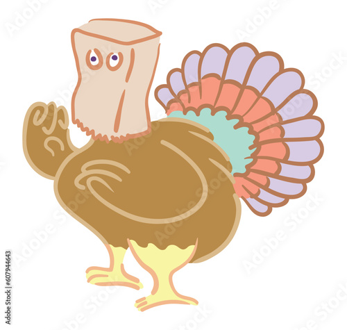 Cartoon turkey hiding with paper bag over its head