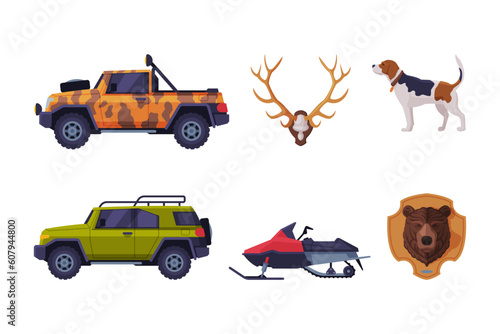 Hunting with Off Road Car, Snowmobile, Antler, Dog and Bear Head Vector Set