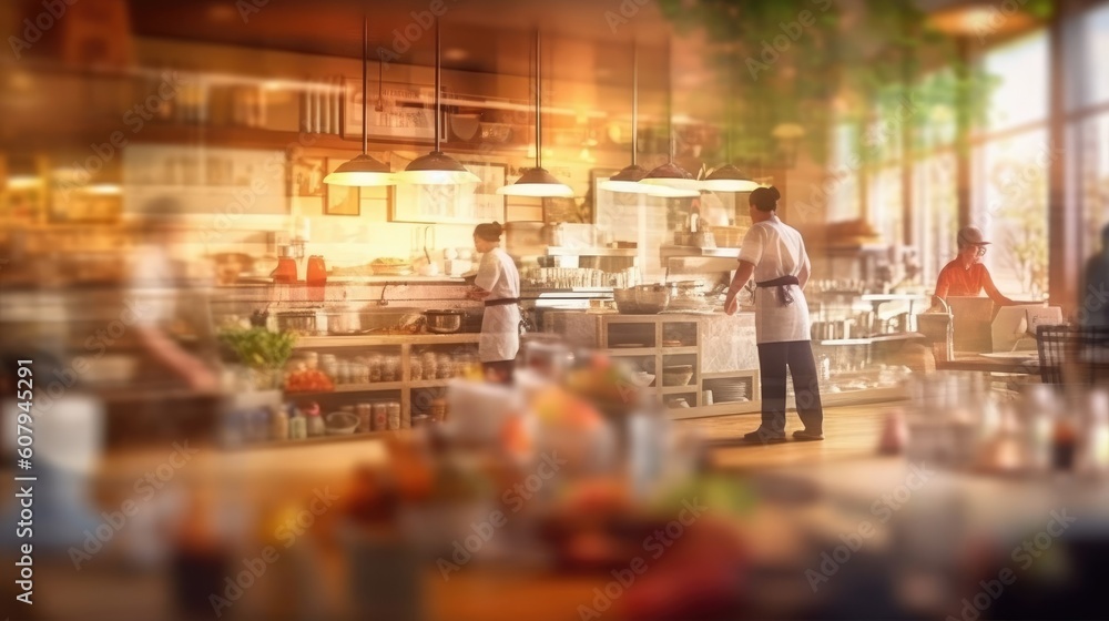 Chefs, waiters, and diners in a blurred restaurant background. (Illustration, Generative AI)