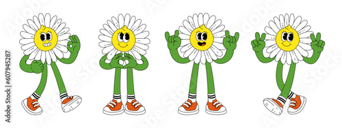 Flower retro funky cartoon characters. Comic mascot of daisy with happy smile face, hands and feet. Groovy summer vector illustration. Fruits flower berries juicy sticker pack.