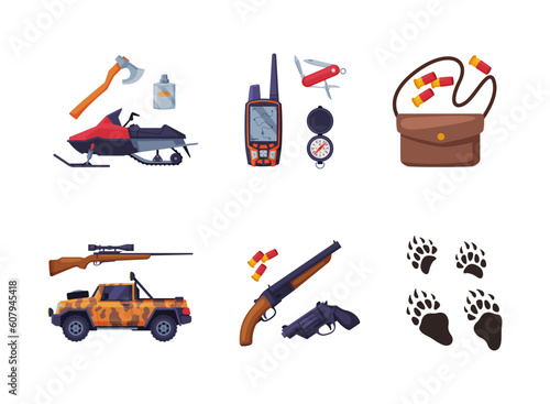 Hunting with Off Road Car, Snowmobile, Rifle, Axe, Trace, Bullet and Compass Vector Set