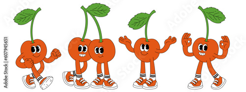 Fruit retro funky cartoon characters. Comic mascot of cherry with happy smile face, hands and feet. Groovy summer vector illustration. Fruits flower berries juicy sticker pack.