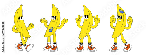 Fruit retro funky cartoon characters. Comic mascot of banana with happy smile face, hands and feet. Groovy summer vector illustration. Fruits flower berries juicy sticker pack.