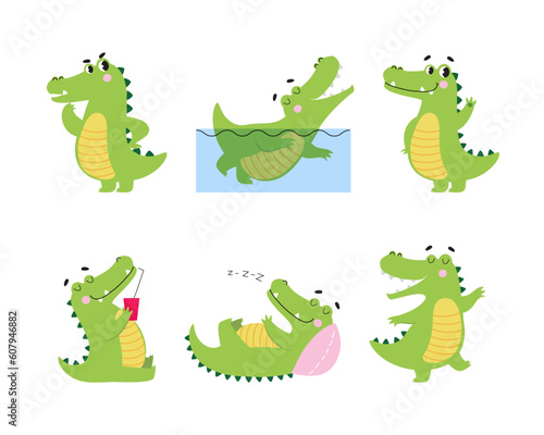 Cute Crocodile Character Engaged in Different Activity Vector Illustration Set