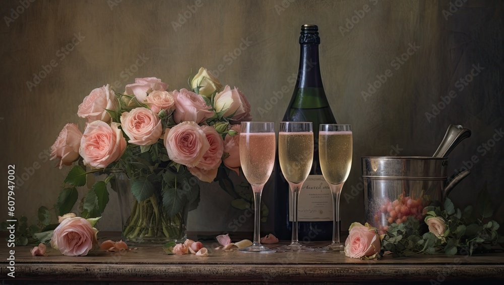 glasses and a bottle of champagne next to a bouquet of roses Generative AI glasses and a bottle of champagne next to a bouquet of roses Generative AI