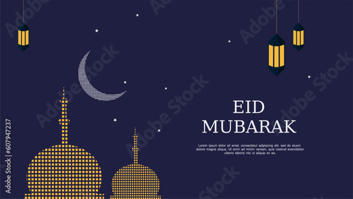 Eid mubarak greeting card. Wishing or wish card of eid. Islamic festival eid wish background design. Lantern, stars, mosque minaret background eid mubarak post design.