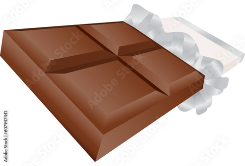 Realistic 3D chocolate candy bar wrapped in foil and paper wrapper.