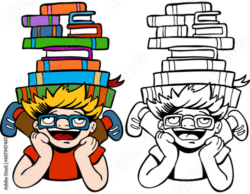 Cartoon image of a student who does not seem to be bothered by his heavy workload - both color and black / white versions.x