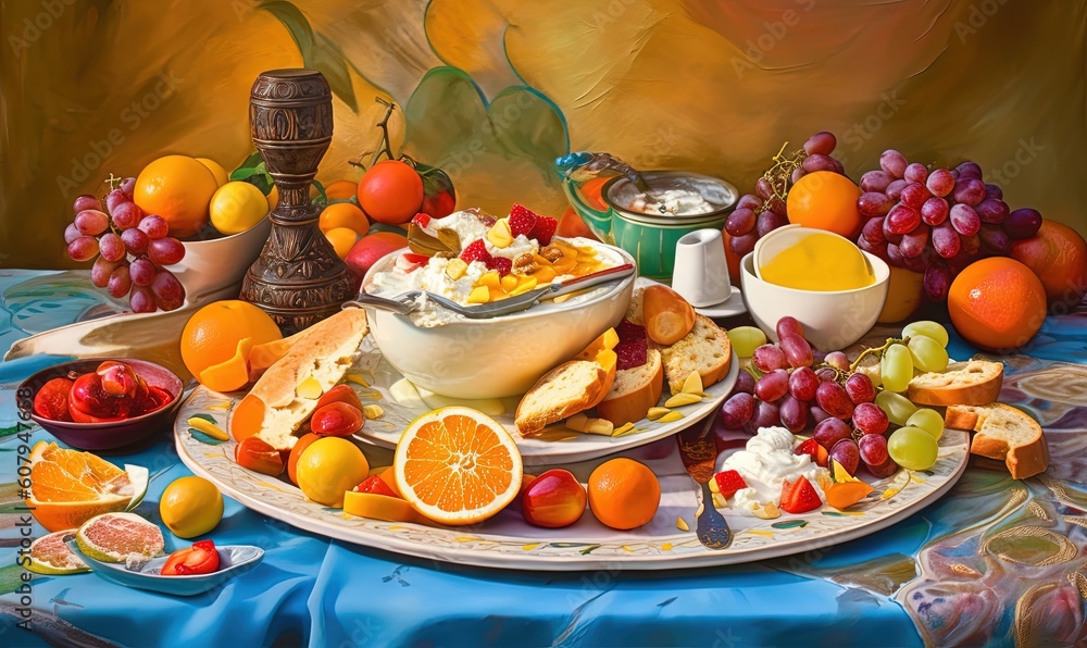 a painting of a platter of fruit and a bowl of dip with oranges, grapes, grapes, and other fruit on a blue table cloth. generative ai a painting of a platter of fruit and a bowl of dip with oranges, grapes, grapes, and other fruit on a blue table cloth. generative ai