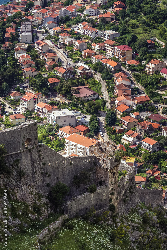 Ancient walls around St John Fortress in historic part of Kotor town, Montenegro