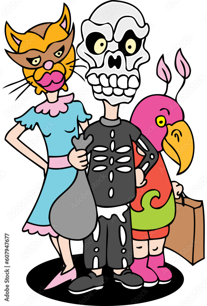 Three kids in costume dressed as a cat, skeleton, and bird for Halloween - trick or treat.