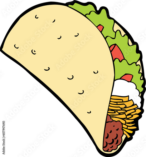 Delicious taco with meat, cheese, sour cream, lettuce and tomato.