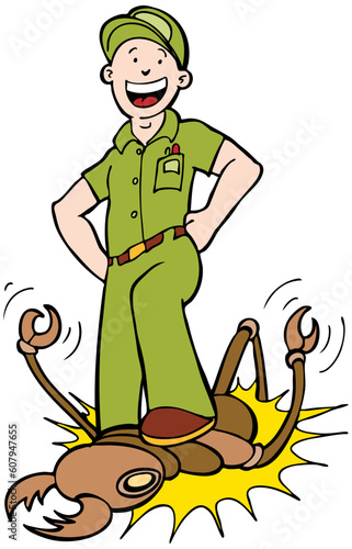 Cartoon image of exterminator killing termites.