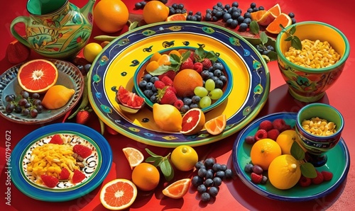  a table topped with plates of fruit and bowls of cereal and oranges and a pitcher of water and a cup of tea and a vase. generative ai