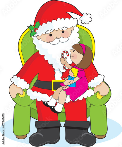 A little girl with a candy cane on Santa Claus knee