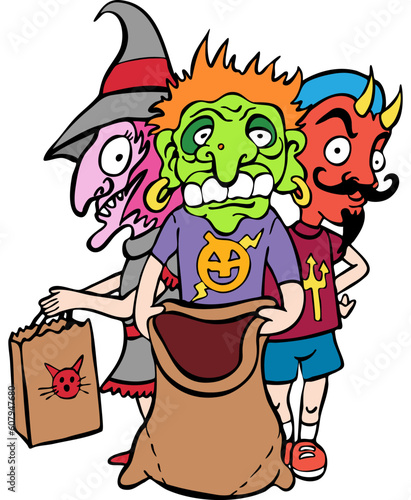 Three kids in costume dressed as a witch, monster and devil for Halloween.