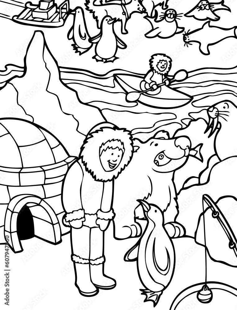 Child lives near an igloo and fishes in the arctic cold with polar bear, sea lion, penguins, and sled dogs - black and white.