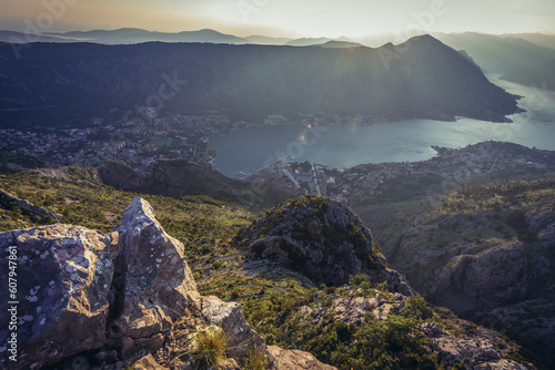 Aerial view from mountains above Kotor town on the Adriatic shore in Montenegro