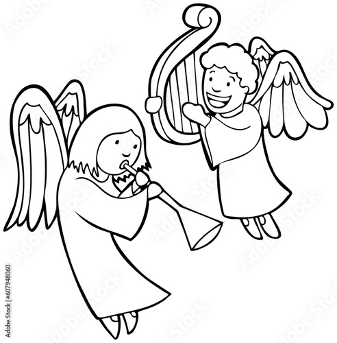 Set of 2 Angels playing horn and harp - black and white.