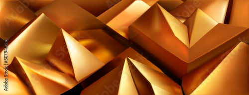 Abstract background of a pile of 3d pyramids and other shapes with sharp corners and smoothed edges, in shades of golden colors