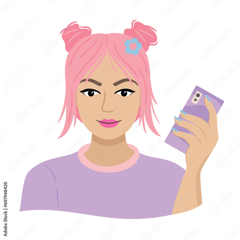 Girl with pink hair holding phone Girl with pink hair holding phone