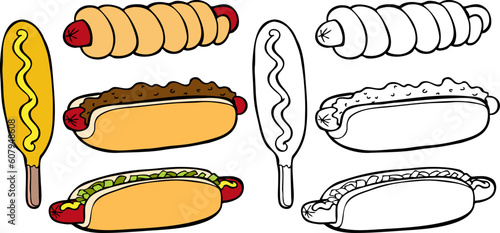 Cartoon image of a variety of different types of hot dogs - both color and black / white versions.