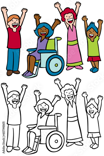 Cartoon image of happy children - both color and black / white versions.