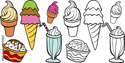 Cartoon image of a variety of different types of ice cream treats - both color and black / white versions.