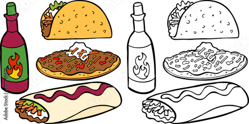 Cartoon image of a variety of different types of Mexican food items - both color and black / white versions.