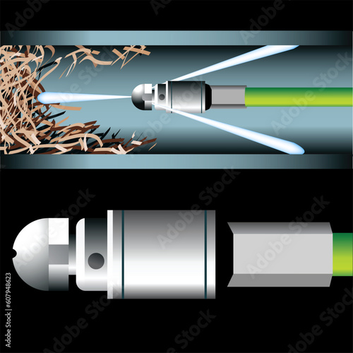 3D image of a plumbing device cleaning an underground pipe.