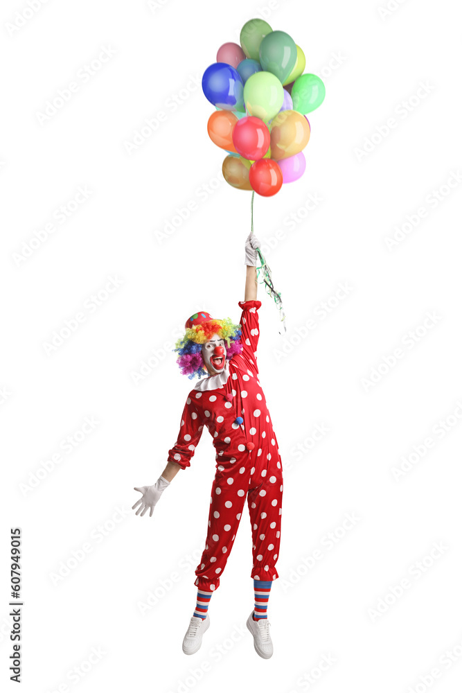 Clown flying and holding a bunch of balloons Clown flying and holding a bunch of balloons