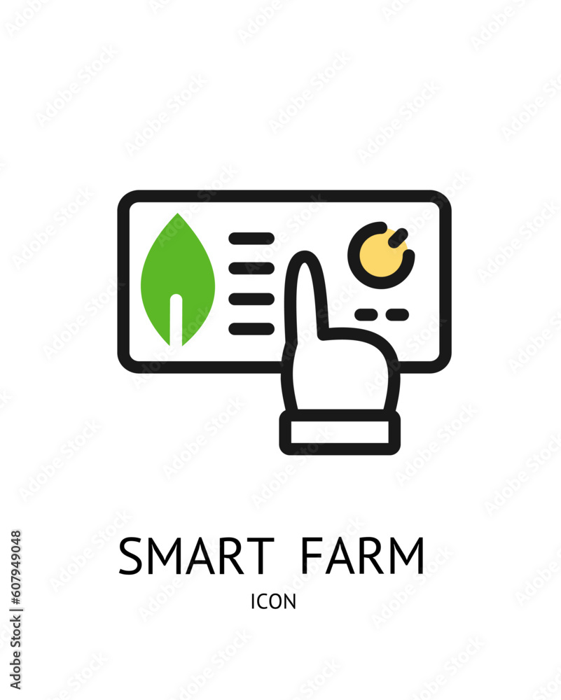 Smart Farm Application Sign Thin Line Icon Emblem Concept and Clicking on Screen Display with Finger. Vector illustration of Agronomy Innovation