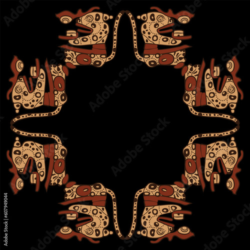 Square animal frame with stylized sitting jaguars. Native American ethnic art of Maya Indians. On black background.