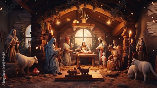 Leinwand Poster Nativity scene Christian Christmas concept. Generative AI