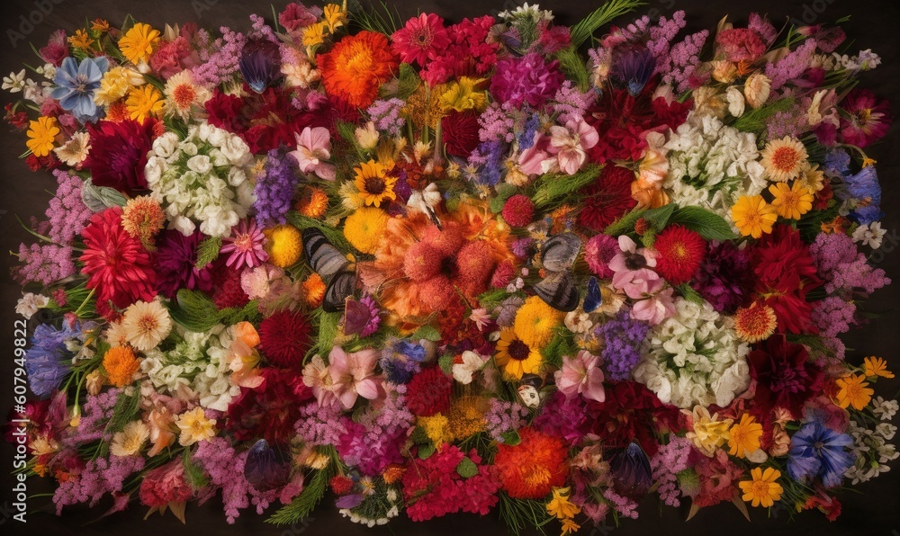 a bunch of flowers that are laying on a table top.  generative ai