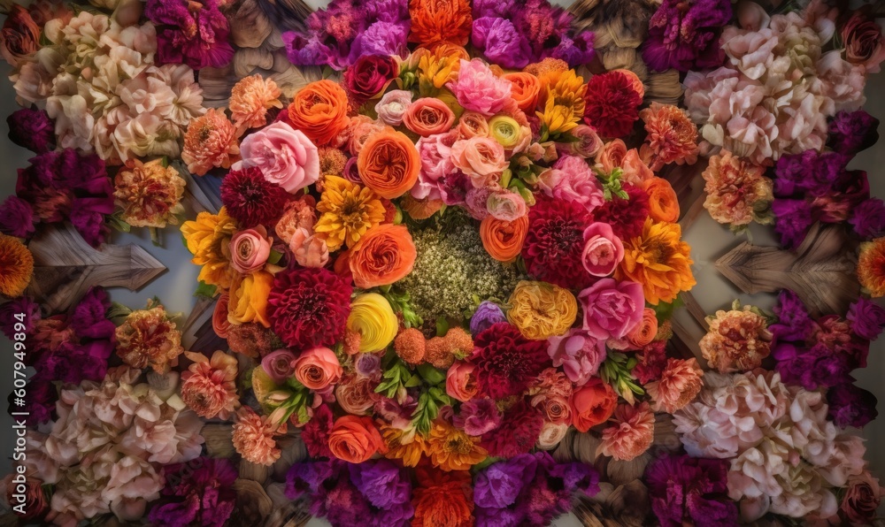  a colorful arrangement of flowers arranged in a circular arrangement on a wall.  generative ai