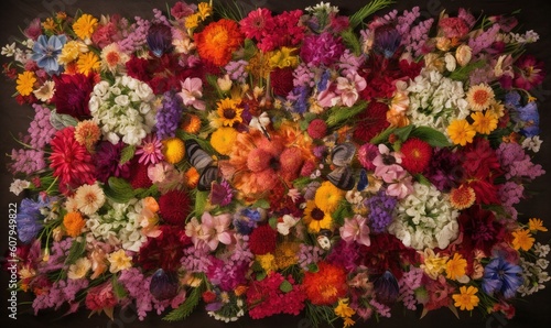 a bunch of flowers that are laying on a table top.  generative ai © Anna