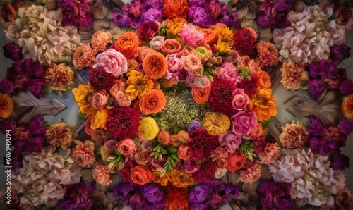  a colorful arrangement of flowers arranged in a circular arrangement on a wall. generative ai