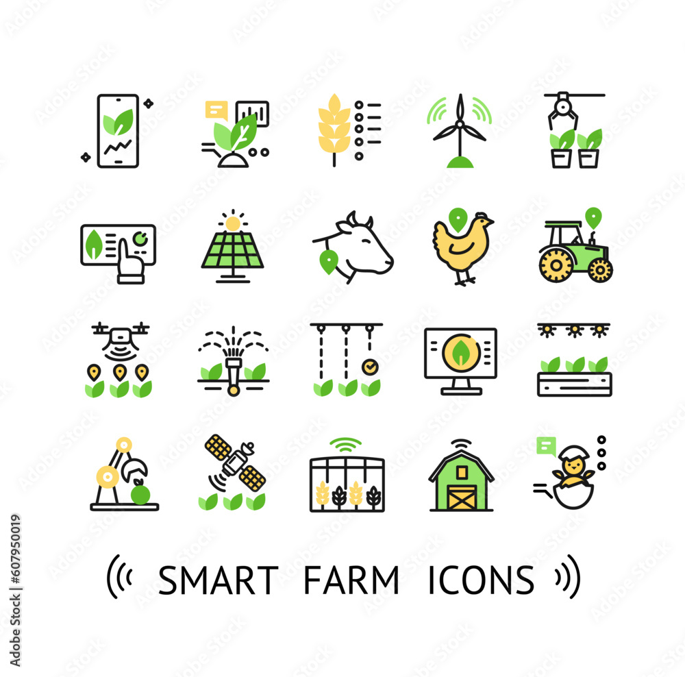 Smart Farm Sign Color Thin Line Icon Set Include of Smartphone, Barn and Chicken. Vector illustration of Icons Smart Farm Sign Color Thin Line Icon Set Include of Smartphone, Barn and Chicken. Vector illustration of Icons