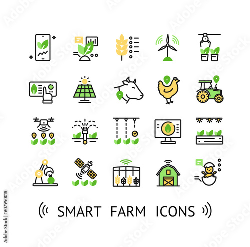 Smart Farm Sign Color Thin Line Icon Set Include of Smartphone, Barn and Chicken. Vector illustration of Icons
