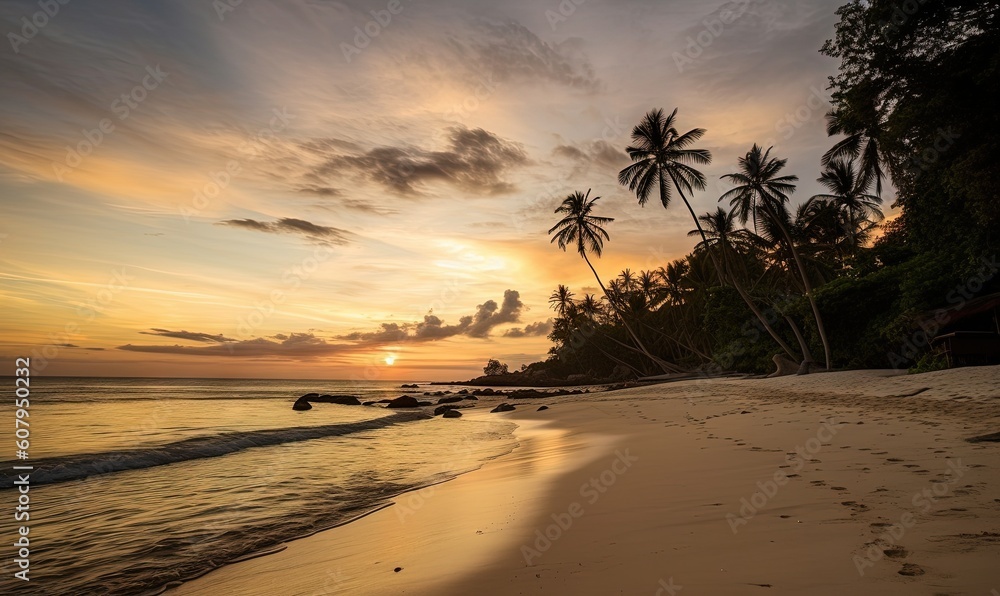  a sunset on a tropical beach with footprints in the sand.  generative ai
