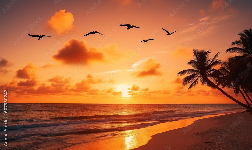  a flock of birds flying over the ocean at sunset with palm trees.  generative ai