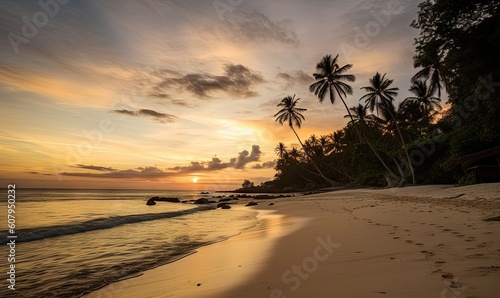 a sunset on a tropical beach with footprints in the sand. generative ai
