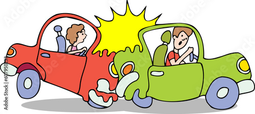 Car rear-ends another car - cartoon.