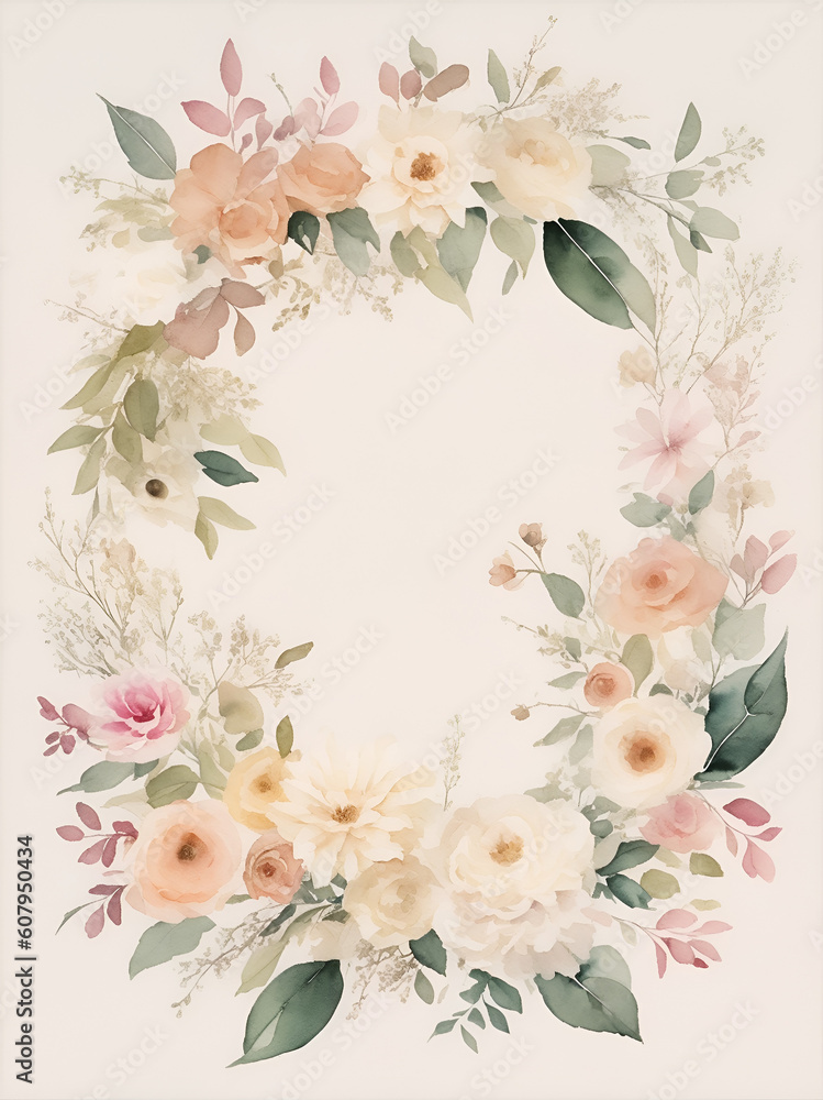 Postcard template for congratulations, invitations. Oval with evergreens and flowers. Watercolor