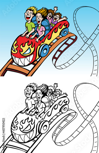 People scream at a theme park on a roller coaster - both color and black / white versions.