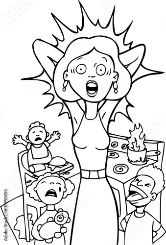 Mother is reaching her breaking point at home - black and white.