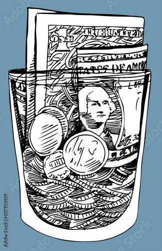 Hand drawn glass jar with money.