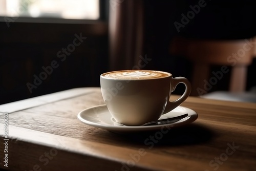 cup of coffee on wooden table. 