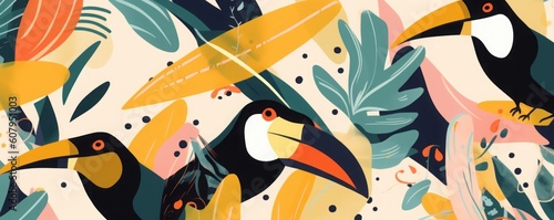 Modern abstract tropical pattern with toucan bird. Collage contemporary seamless pattern. Hand drawn cartoon style pattern  Generative AI